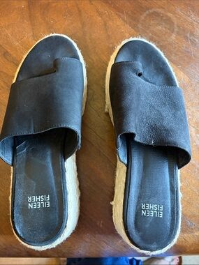 Eileen Fisher Black Leather Espadrille Slide Mules